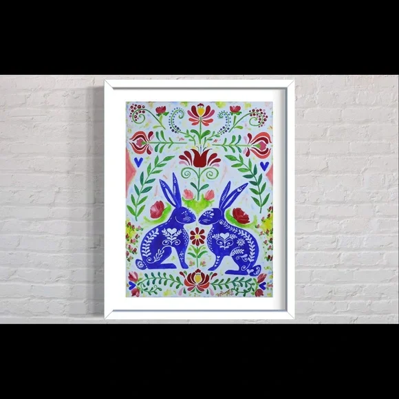 Scandinavian Rabbits Giclée Folk Art Print of Oil Painting Whimsical Rosemaling - Picture 8 of 9